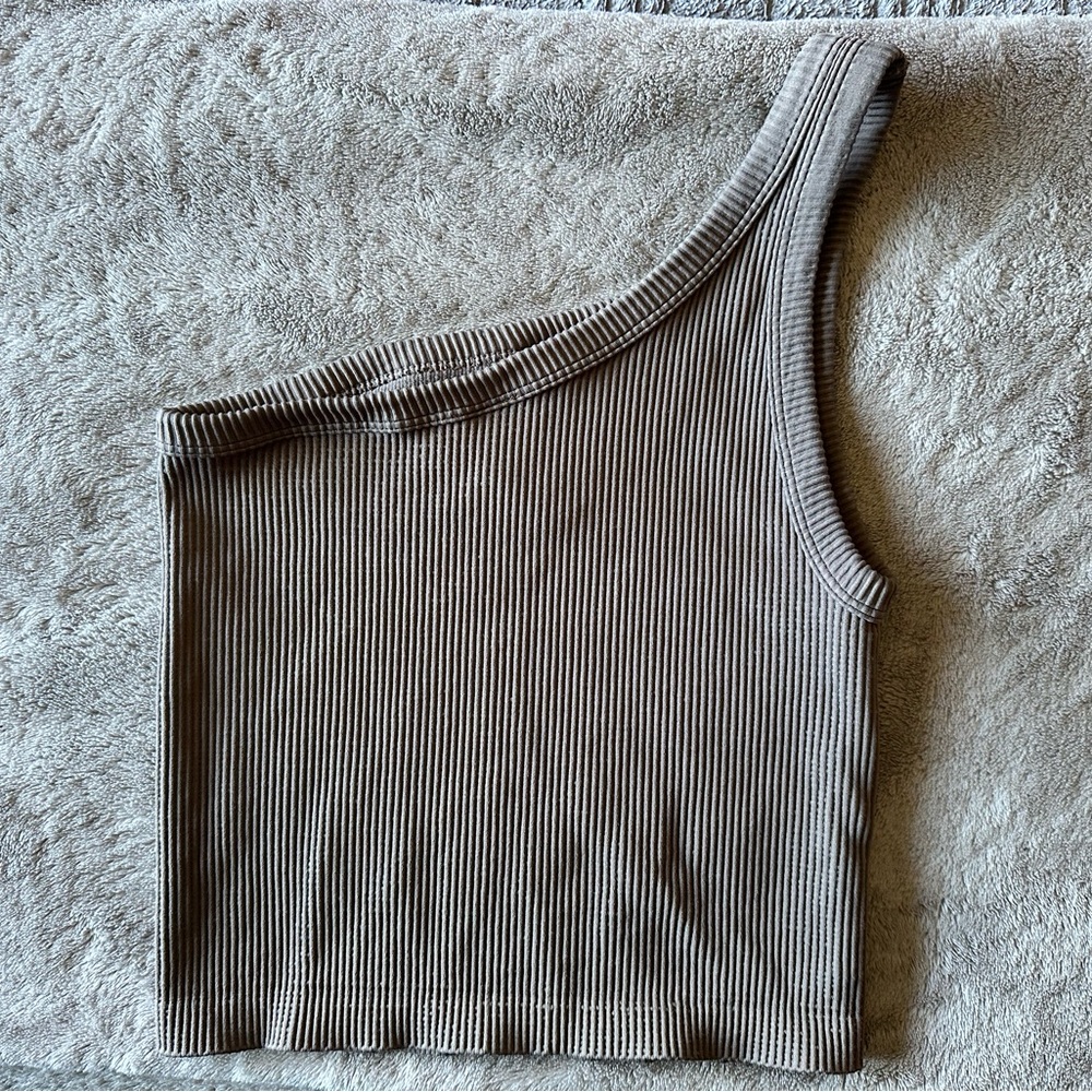 Brown Ribbed One-Shoulder Top